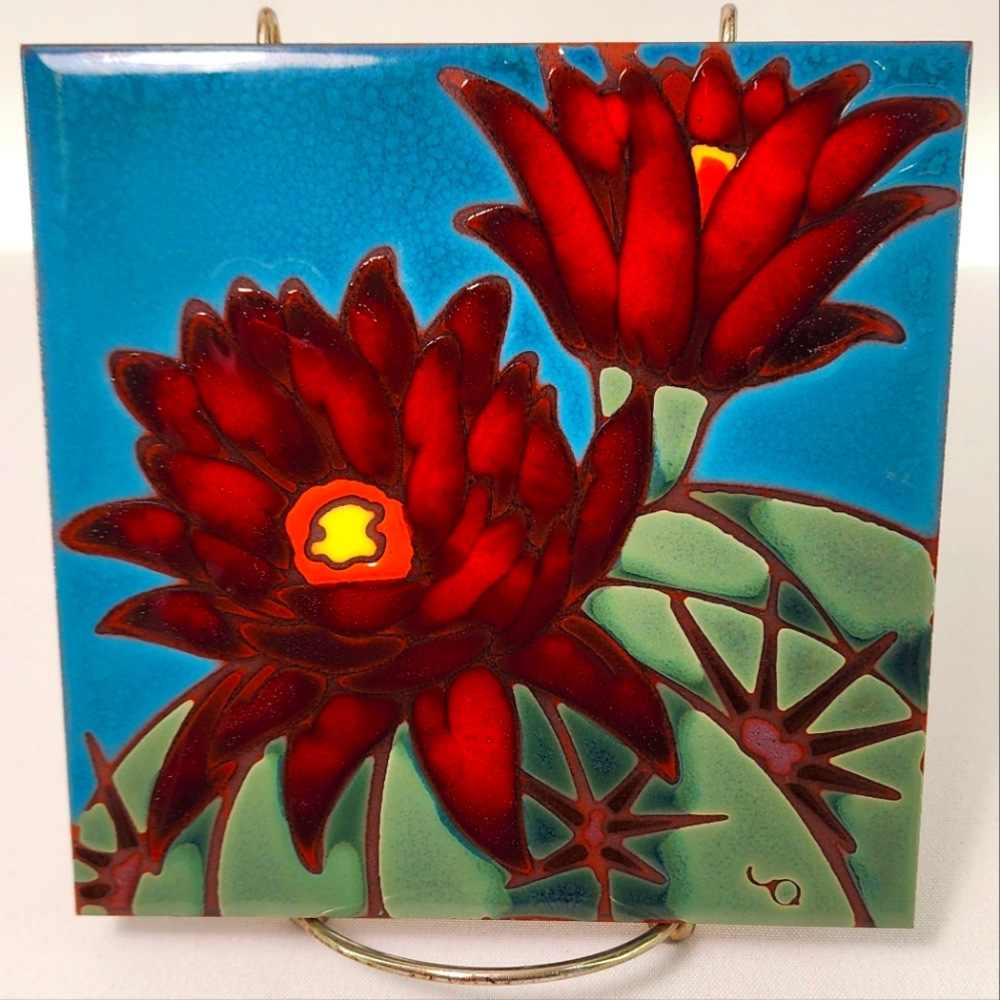 Hedgehog cactus bloom handglazed & handfired tile by Carly Quinn
